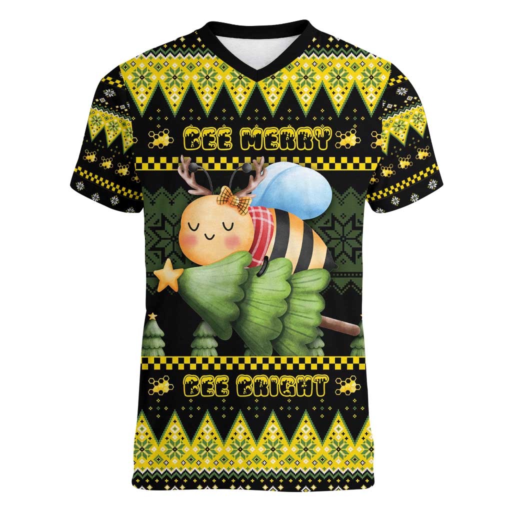 Bee Christmas Women V-Neck T-Shirt Cute Bumblebee - Wonder Print Shop