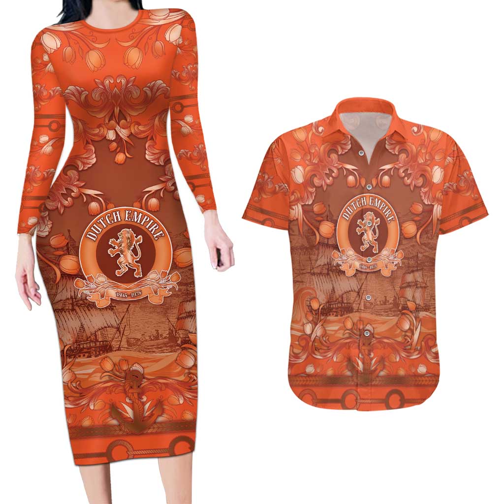 Personalized Dutch Empire Couples Matching Long Sleeve Bodycon Dress and Hawaiian Shirt Tulip Ornaments Vintage Style - Wonder Print Shop
