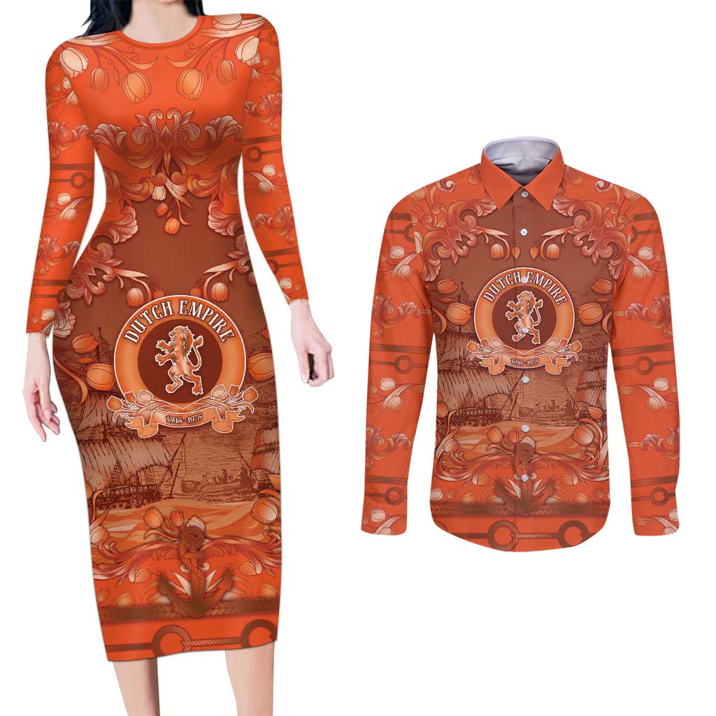 Personalized Dutch Empire Couples Matching Long Sleeve Bodycon Dress and Long Sleeve Button Shirt Tulip Ornaments Vintage Style - Wonder Print Shop