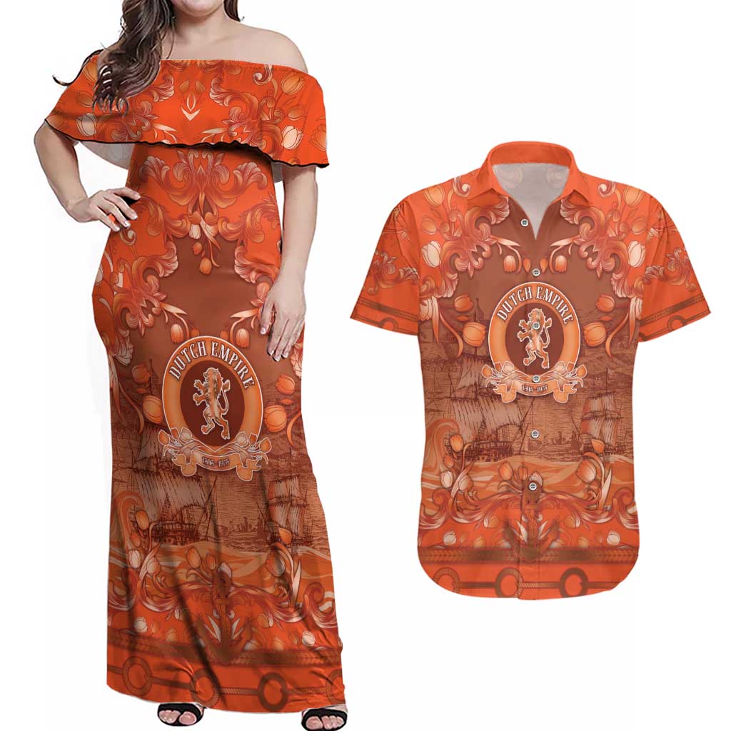 Personalized Dutch Empire Couples Matching Off Shoulder Maxi Dress and Hawaiian Shirt Tulip Ornaments Vintage Style - Wonder Print Shop