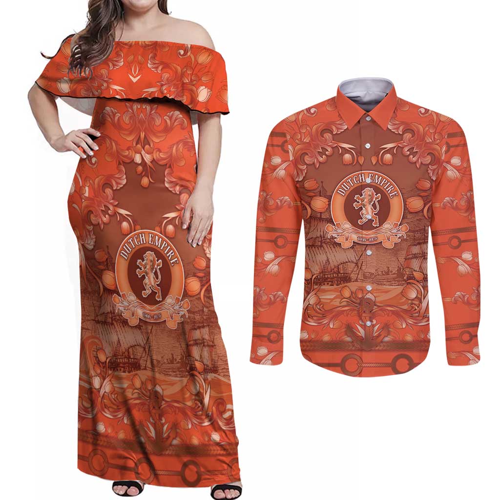 Personalized Dutch Empire Couples Matching Off Shoulder Maxi Dress and Long Sleeve Button Shirt Tulip Ornaments Vintage Style - Wonder Print Shop