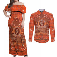 Personalized Dutch Empire Couples Matching Off Shoulder Maxi Dress and Long Sleeve Button Shirt Tulip Ornaments Vintage Style - Wonder Print Shop