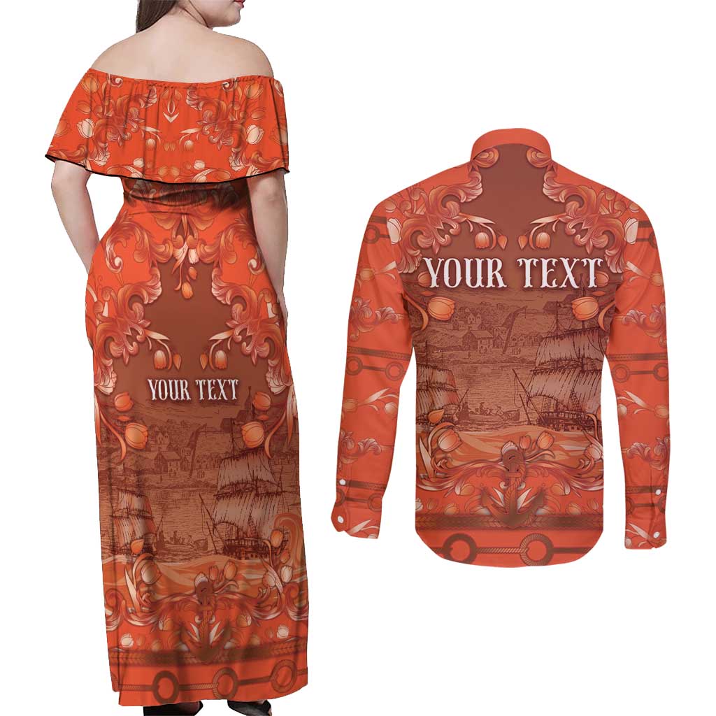 Personalized Dutch Empire Couples Matching Off Shoulder Maxi Dress and Long Sleeve Button Shirt Tulip Ornaments Vintage Style - Wonder Print Shop