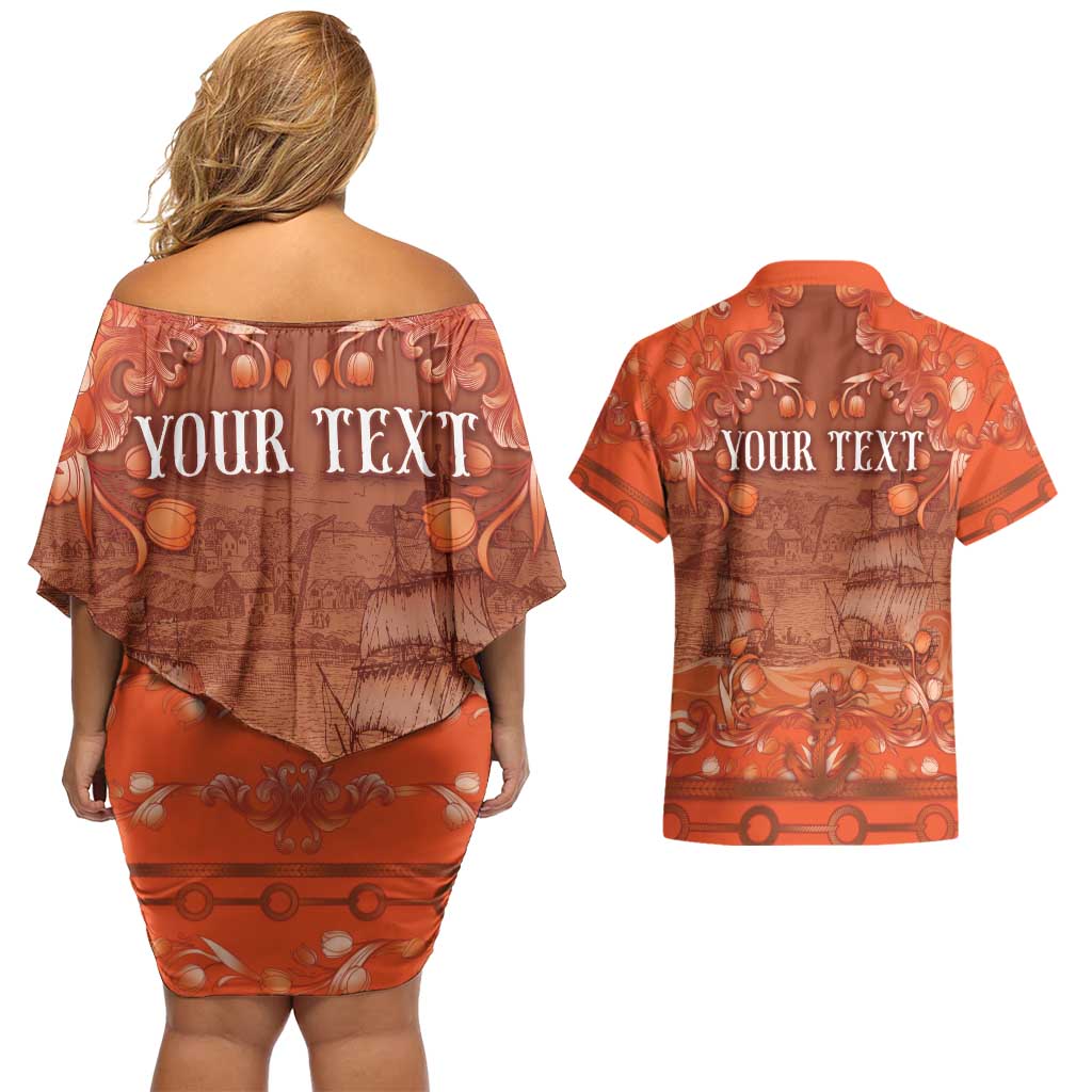 Personalized Dutch Empire Couples Matching Off Shoulder Short Dress and Hawaiian Shirt Tulip Ornaments Vintage Style - Wonder Print Shop