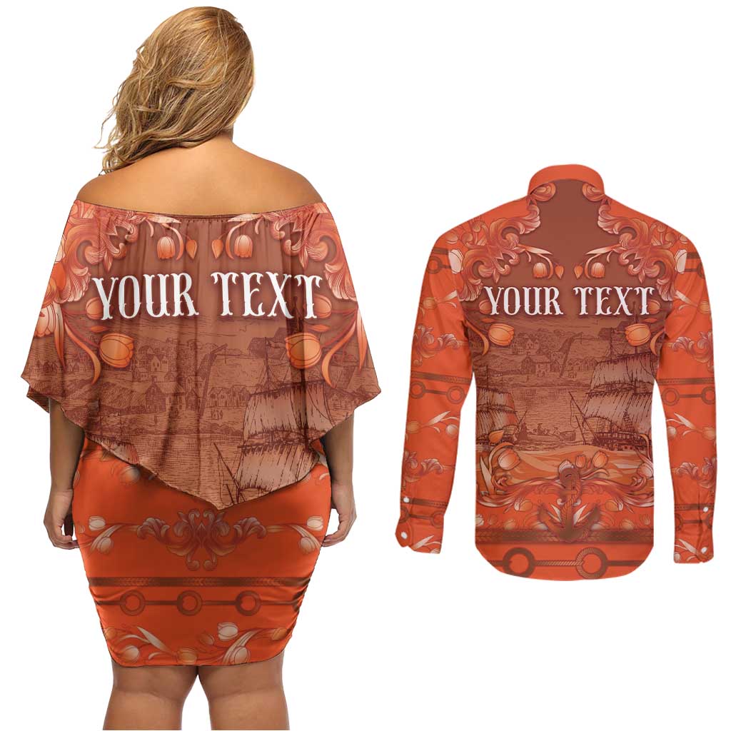 Personalized Dutch Empire Couples Matching Off Shoulder Short Dress and Long Sleeve Button Shirt Tulip Ornaments Vintage Style - Wonder Print Shop