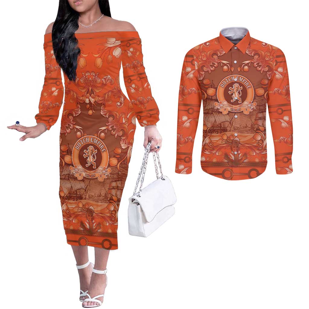 Personalized Dutch Empire Couples Matching Off The Shoulder Long Sleeve Dress and Long Sleeve Button Shirt Tulip Ornaments Vintage Style - Wonder Print Shop