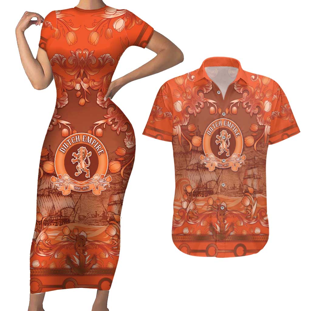 Personalized Dutch Empire Couples Matching Short Sleeve Bodycon Dress and Hawaiian Shirt Tulip Ornaments Vintage Style - Wonder Print Shop
