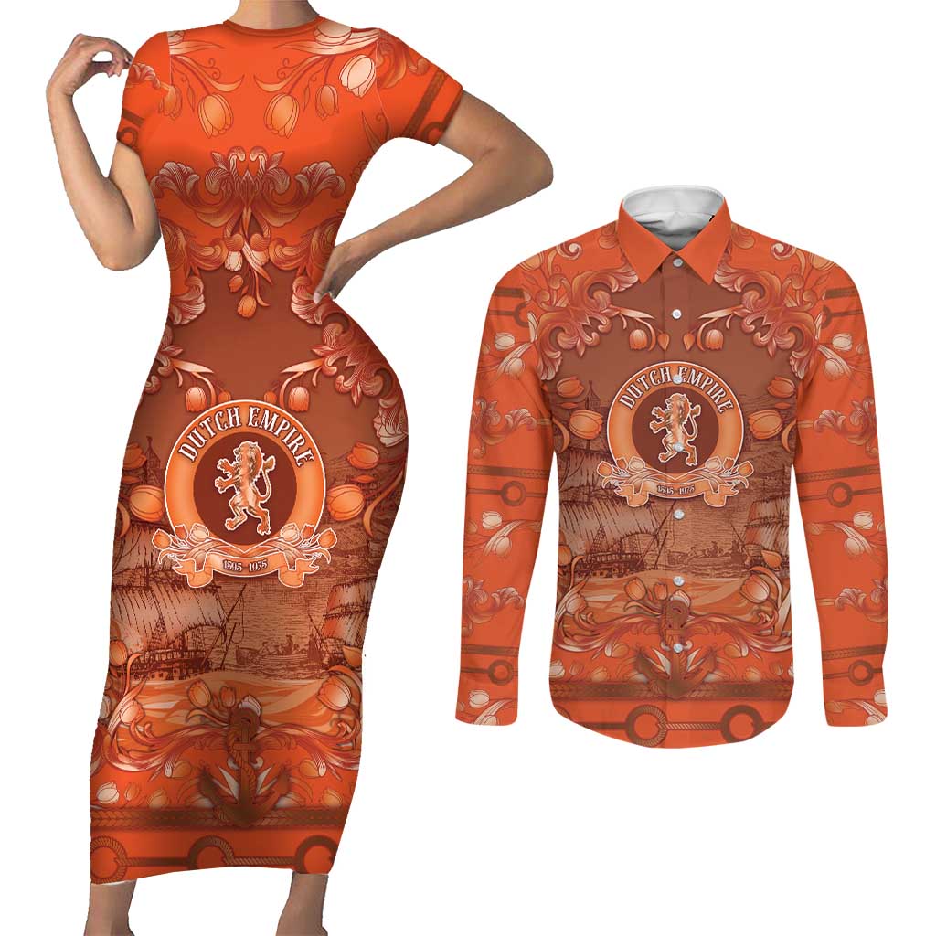 Personalized Dutch Empire Couples Matching Short Sleeve Bodycon Dress and Long Sleeve Button Shirt Tulip Ornaments Vintage Style - Wonder Print Shop