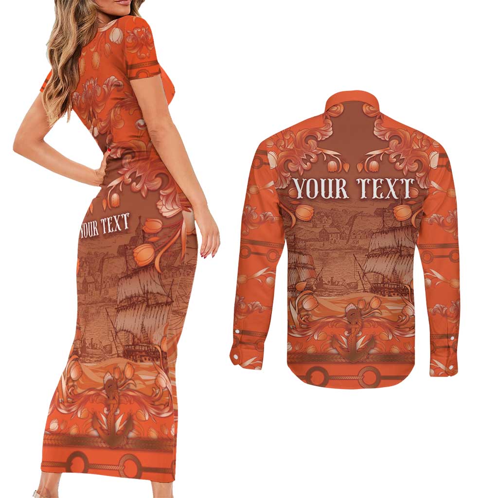 Personalized Dutch Empire Couples Matching Short Sleeve Bodycon Dress and Long Sleeve Button Shirt Tulip Ornaments Vintage Style - Wonder Print Shop