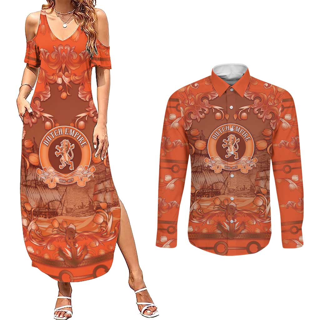 Personalized Dutch Empire Couples Matching Summer Maxi Dress and Long Sleeve Button Shirt Tulip Ornaments Vintage Style - Wonder Print Shop