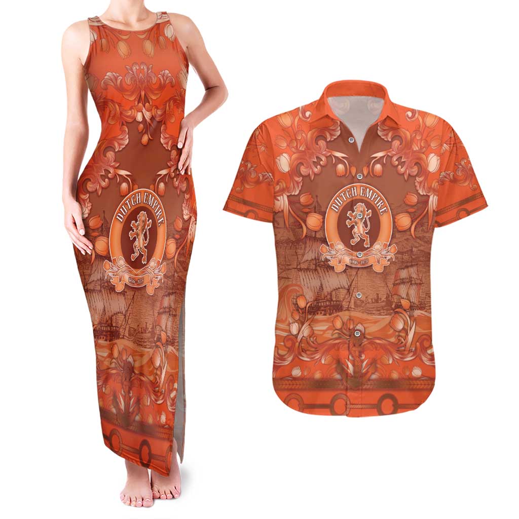 Personalized Dutch Empire Couples Matching Tank Maxi Dress and Hawaiian Shirt Tulip Ornaments Vintage Style - Wonder Print Shop
