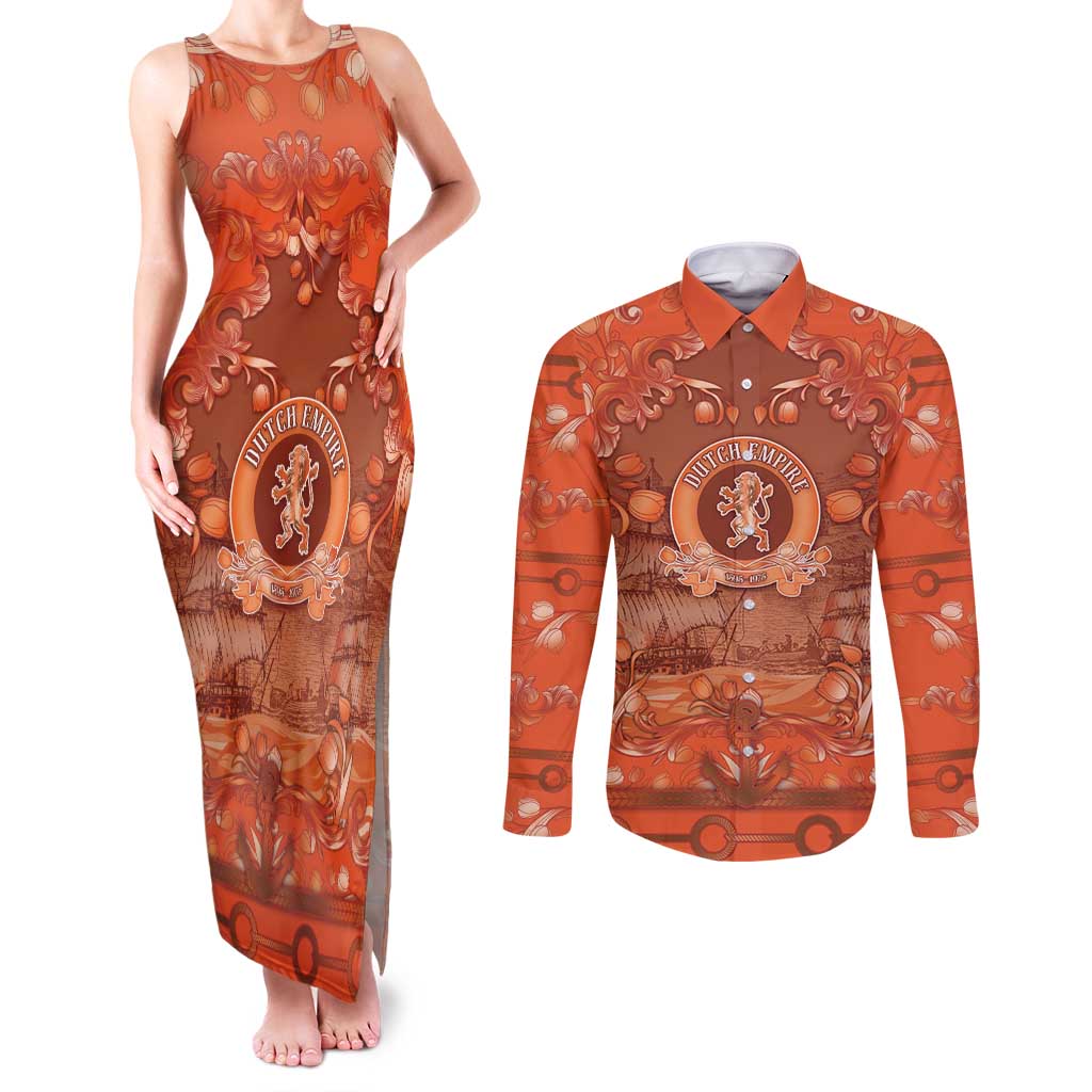 Personalized Dutch Empire Couples Matching Tank Maxi Dress and Long Sleeve Button Shirt Tulip Ornaments Vintage Style - Wonder Print Shop