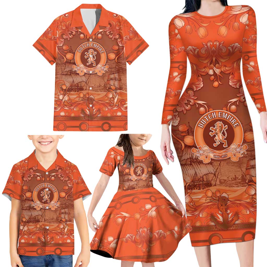 Personalized Dutch Empire Family Matching Long Sleeve Bodycon Dress and Hawaiian Shirt Tulip Ornaments Vintage Style - Wonder Print Shop