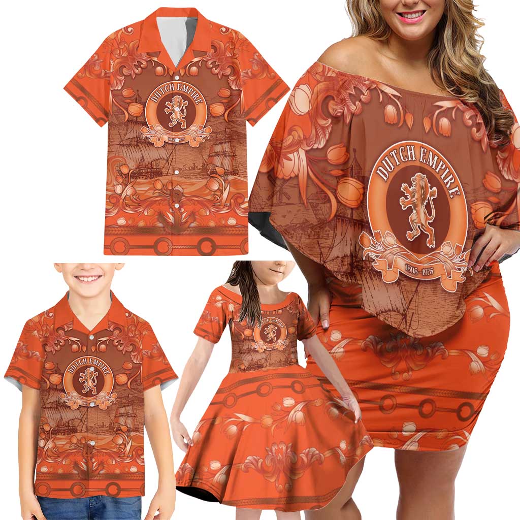 Personalized Dutch Empire Family Matching Off Shoulder Short Dress and Hawaiian Shirt Tulip Ornaments Vintage Style - Wonder Print Shop