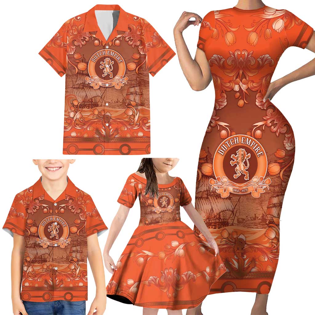 Personalized Dutch Empire Family Matching Short Sleeve Bodycon Dress and Hawaiian Shirt Tulip Ornaments Vintage Style - Wonder Print Shop