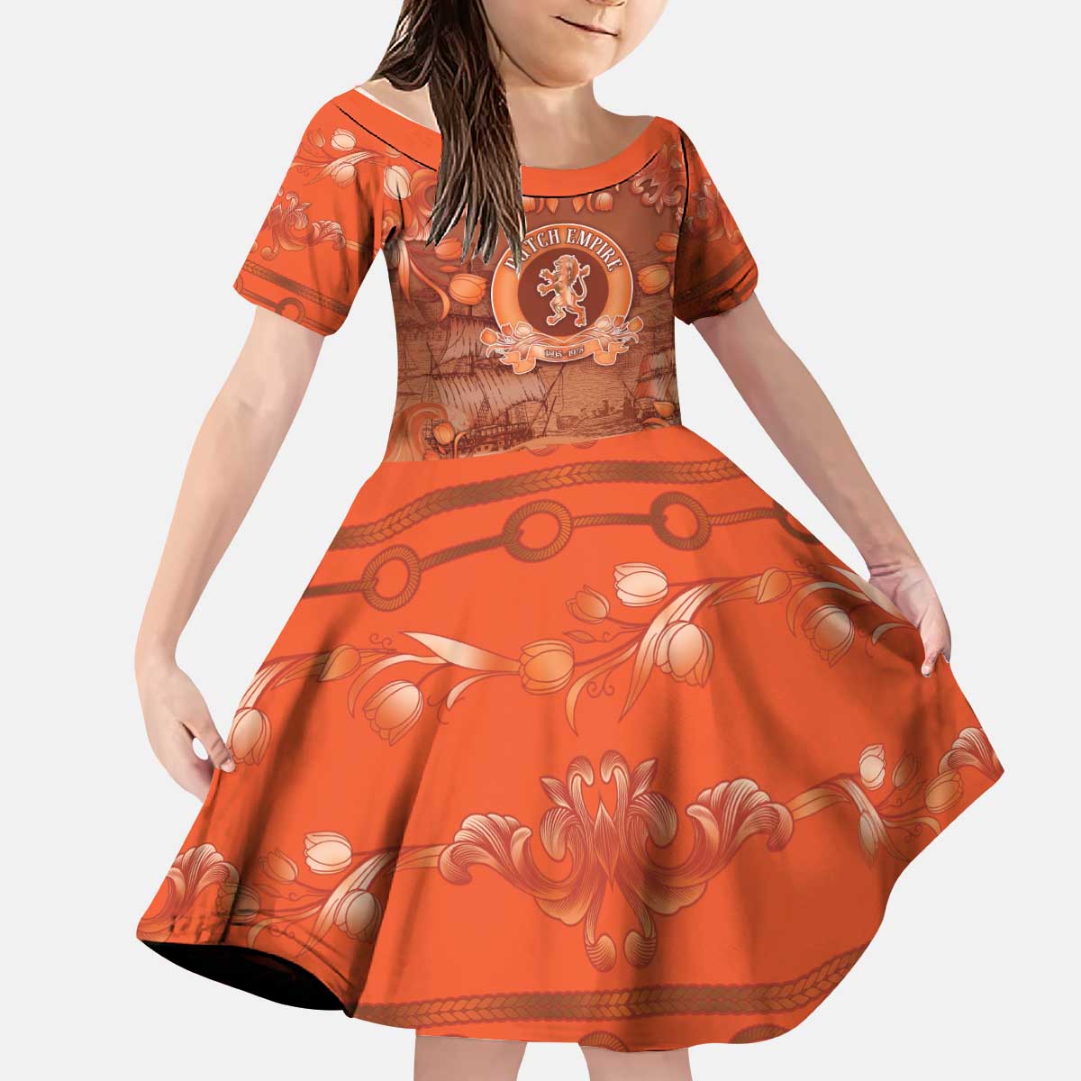Personalized Dutch Empire Kid Short Sleeve Dress Tulip Ornaments Vintage Style - Wonder Print Shop
