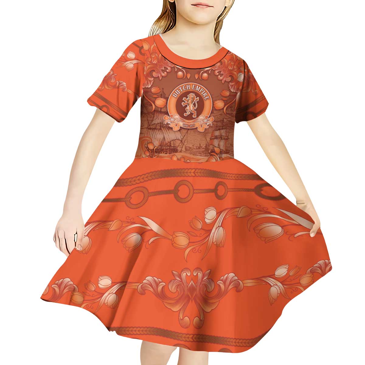 Personalized Dutch Empire Kid Short Sleeve Dress Tulip Ornaments Vintage Style - Wonder Print Shop