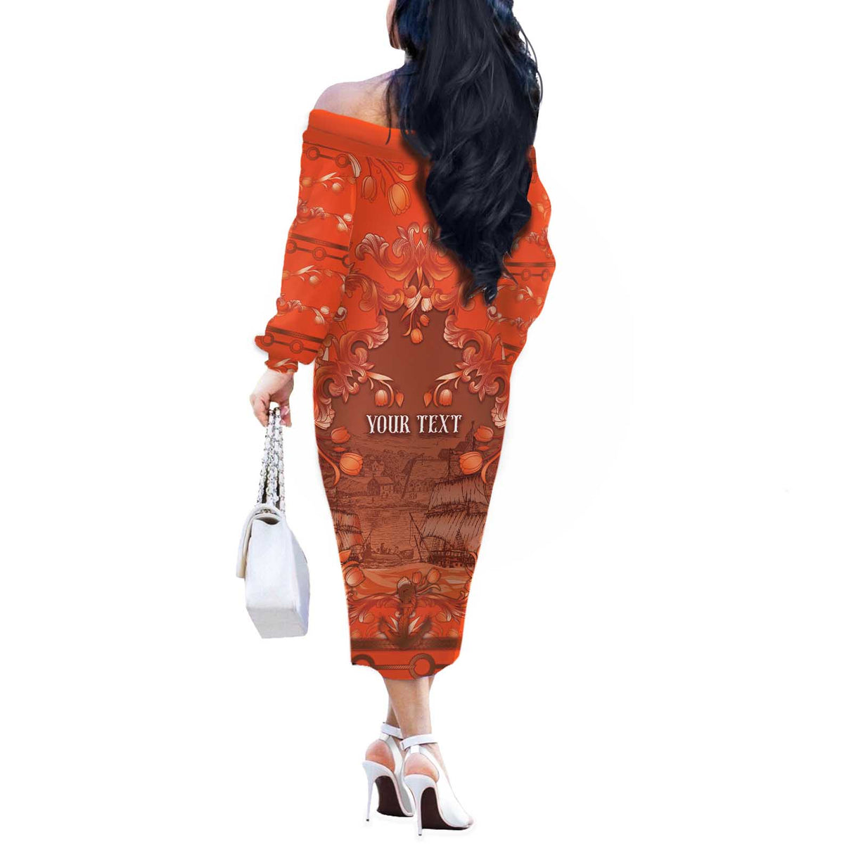 Personalized Dutch Empire Off The Shoulder Long Sleeve Dress Tulip Ornaments Vintage Style - Wonder Print Shop
