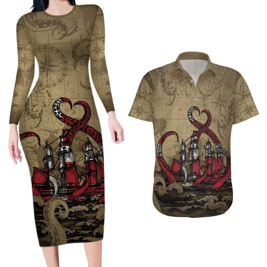 Danish Empire Couples Matching Long Sleeve Bodycon Dress and Hawaiian Shirt Denmark Norway Union And Kraken - Wonder Print Shop