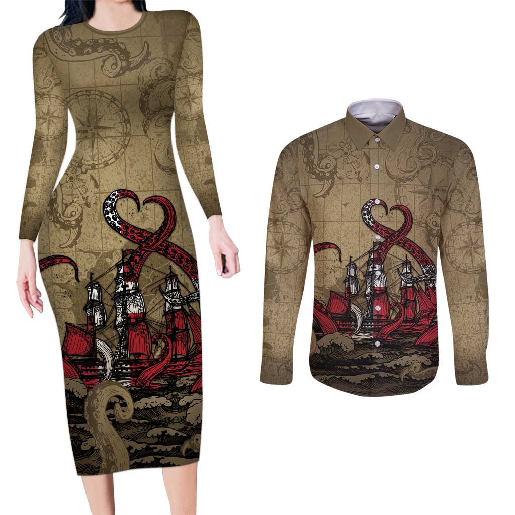 Danish Empire Couples Matching Long Sleeve Bodycon Dress and Long Sleeve Button Shirt Denmark Norway Union And Kraken - Wonder Print Shop