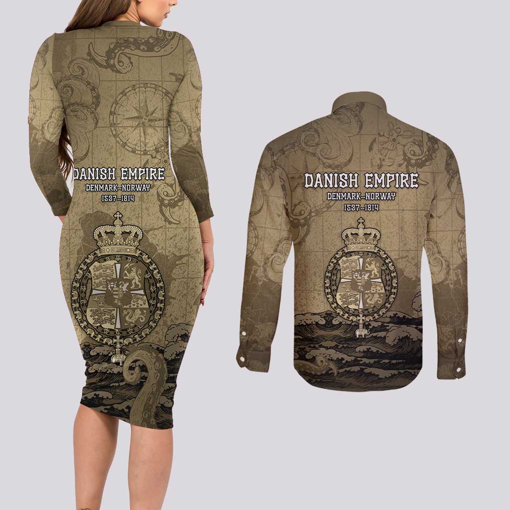 Danish Empire Couples Matching Long Sleeve Bodycon Dress and Long Sleeve Button Shirt Denmark Norway Union And Kraken - Wonder Print Shop