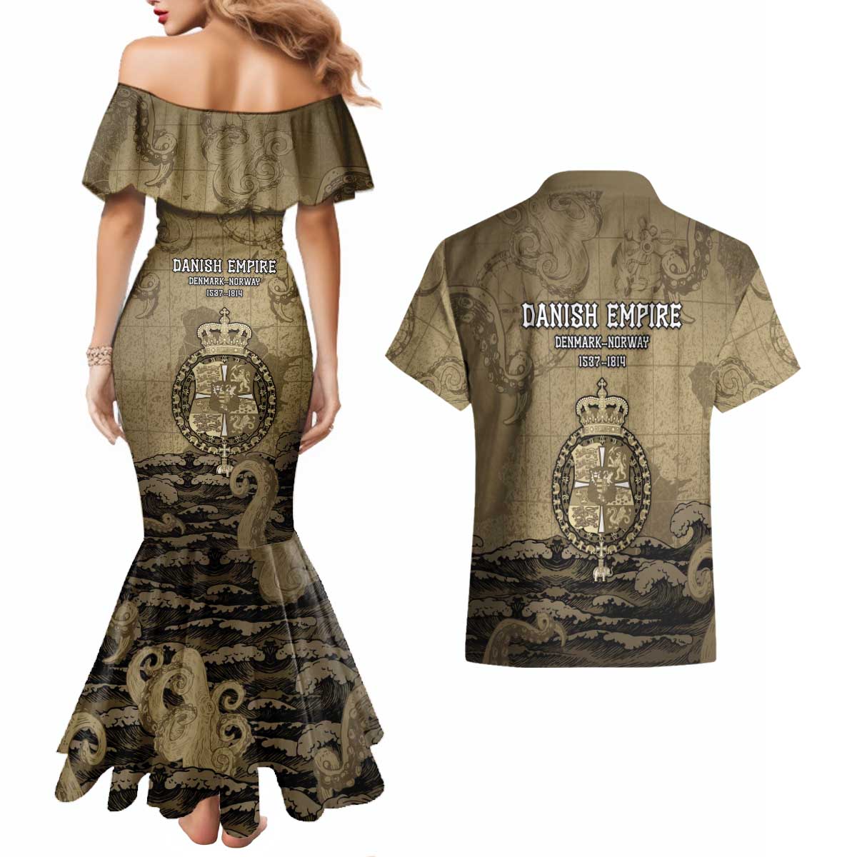 Danish Empire Couples Matching Mermaid Dress and Hawaiian Shirt Denmark Norway Union And Kraken - Wonder Print Shop