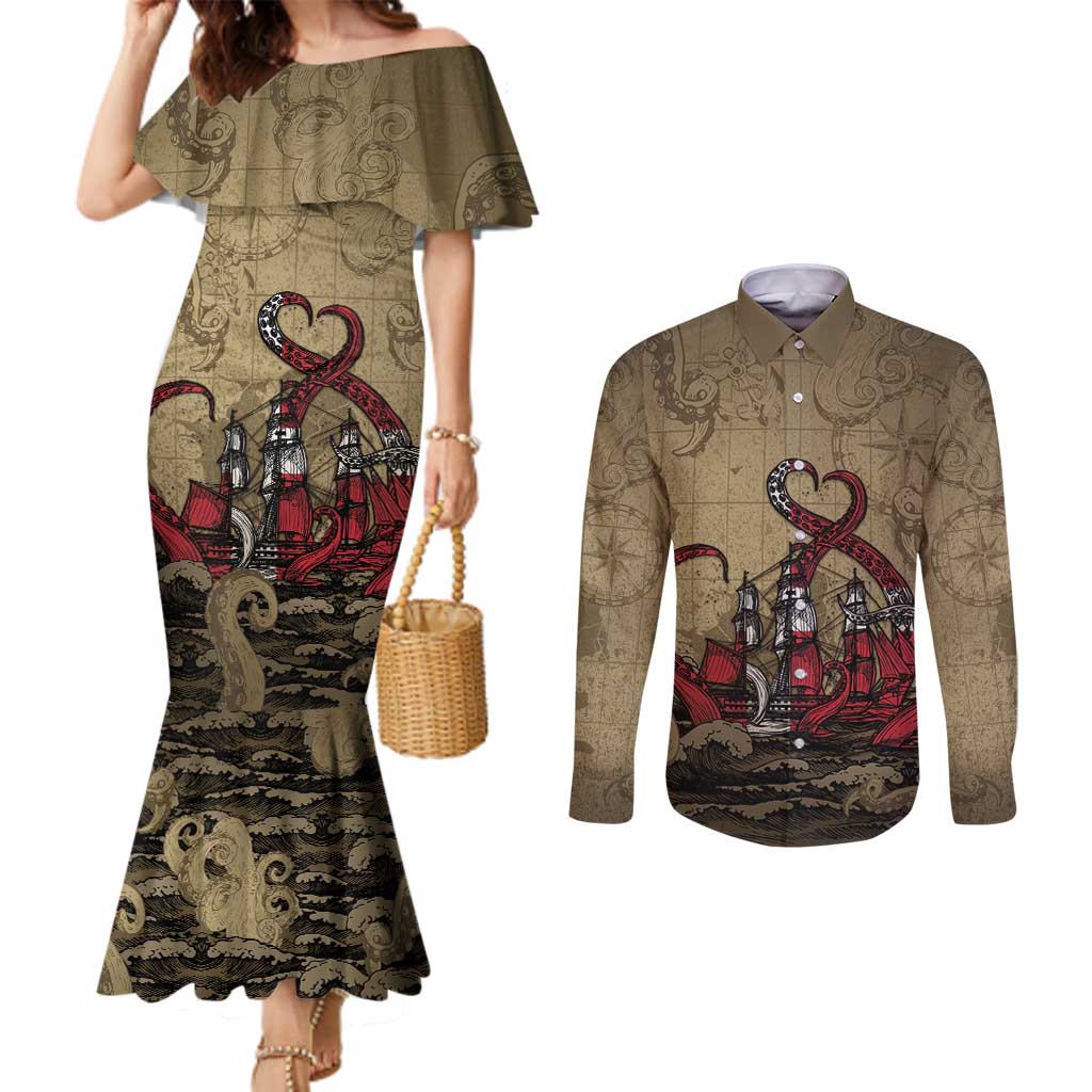 Danish Empire Couples Matching Mermaid Dress and Long Sleeve Button Shirt Denmark Norway Union And Kraken - Wonder Print Shop