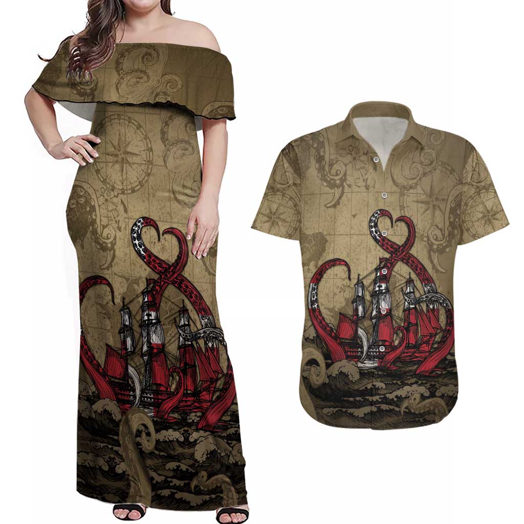 Danish Empire Couples Matching Off Shoulder Maxi Dress and Hawaiian Shirt Denmark Norway Union And Kraken - Wonder Print Shop