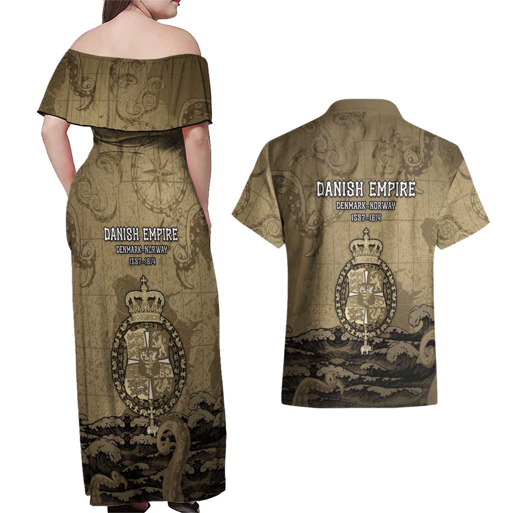 Danish Empire Couples Matching Off Shoulder Maxi Dress and Hawaiian Shirt Denmark Norway Union And Kraken - Wonder Print Shop