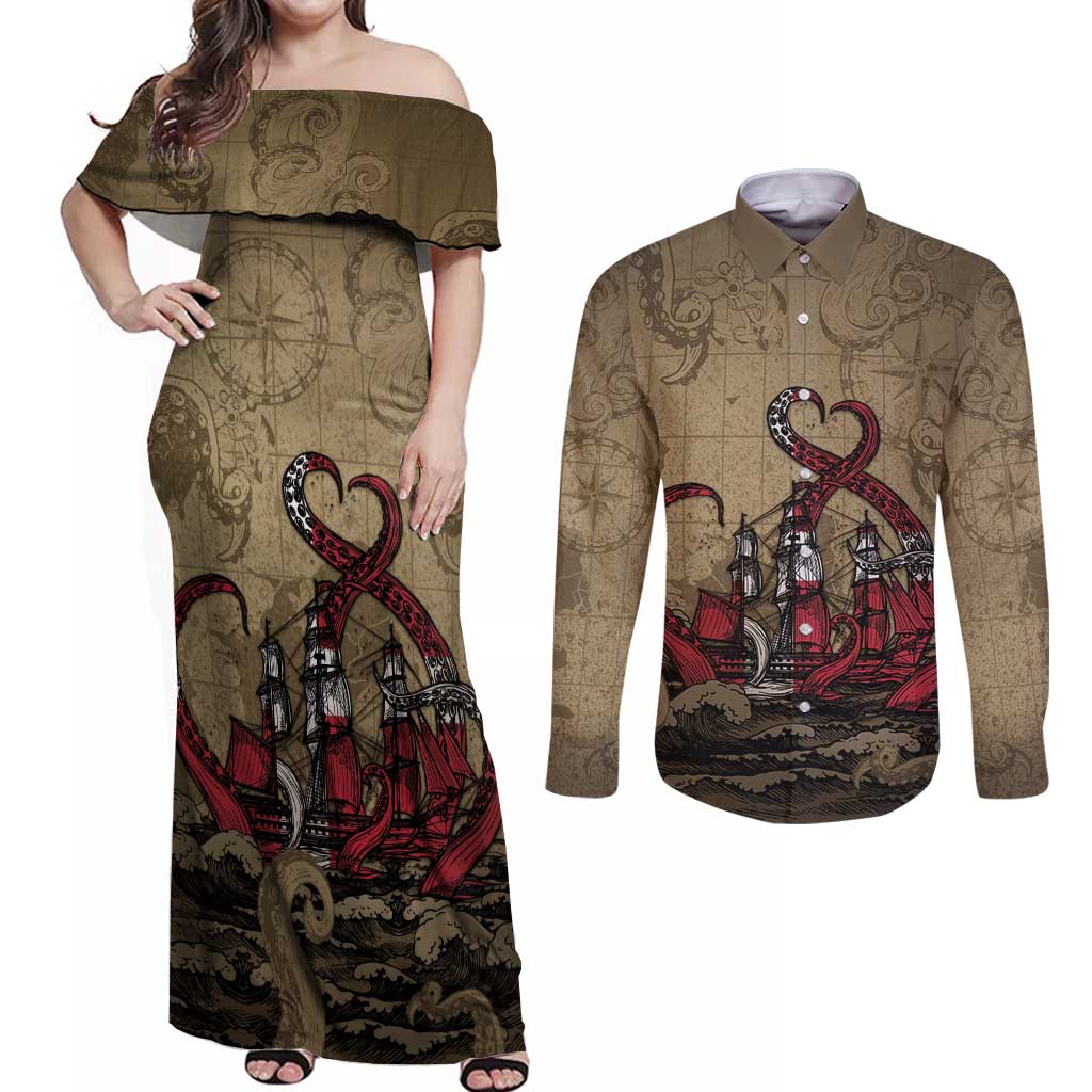 Danish Empire Couples Matching Off Shoulder Maxi Dress and Long Sleeve Button Shirt Denmark Norway Union And Kraken - Wonder Print Shop
