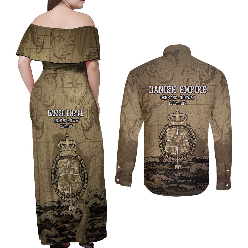 Danish Empire Couples Matching Off Shoulder Maxi Dress and Long Sleeve Button Shirt Denmark Norway Union And Kraken - Wonder Print Shop