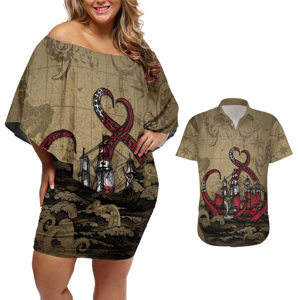 Danish Empire Couples Matching Off Shoulder Short Dress and Hawaiian Shirt Denmark Norway Union And Kraken - Wonder Print Shop