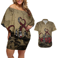 Danish Empire Couples Matching Off Shoulder Short Dress and Hawaiian Shirt Denmark Norway Union And Kraken - Wonder Print Shop