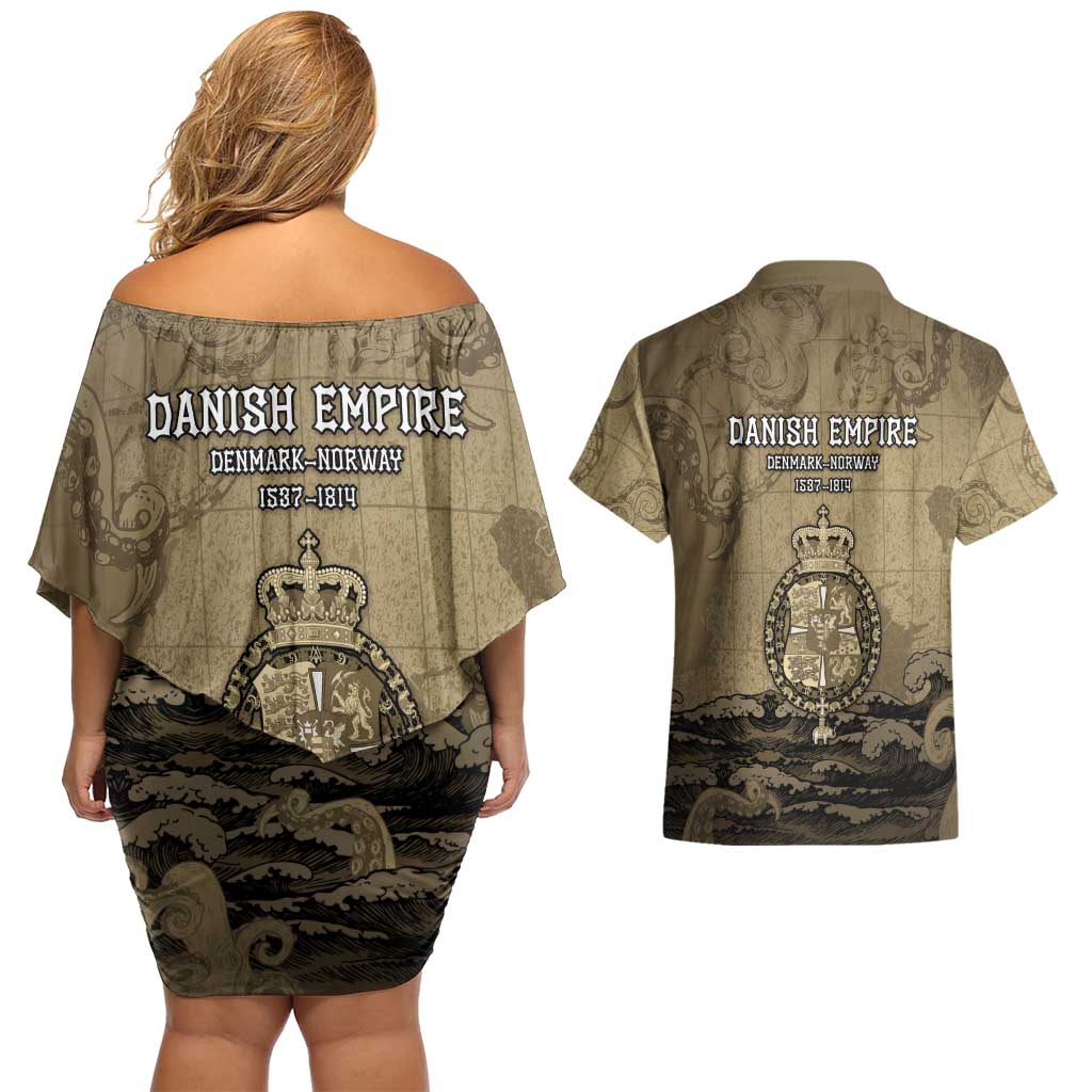 Danish Empire Couples Matching Off Shoulder Short Dress and Hawaiian Shirt Denmark Norway Union And Kraken - Wonder Print Shop