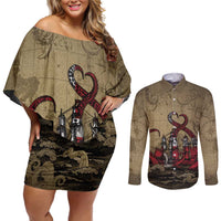 Danish Empire Couples Matching Off Shoulder Short Dress and Long Sleeve Button Shirt Denmark Norway Union And Kraken - Wonder Print Shop