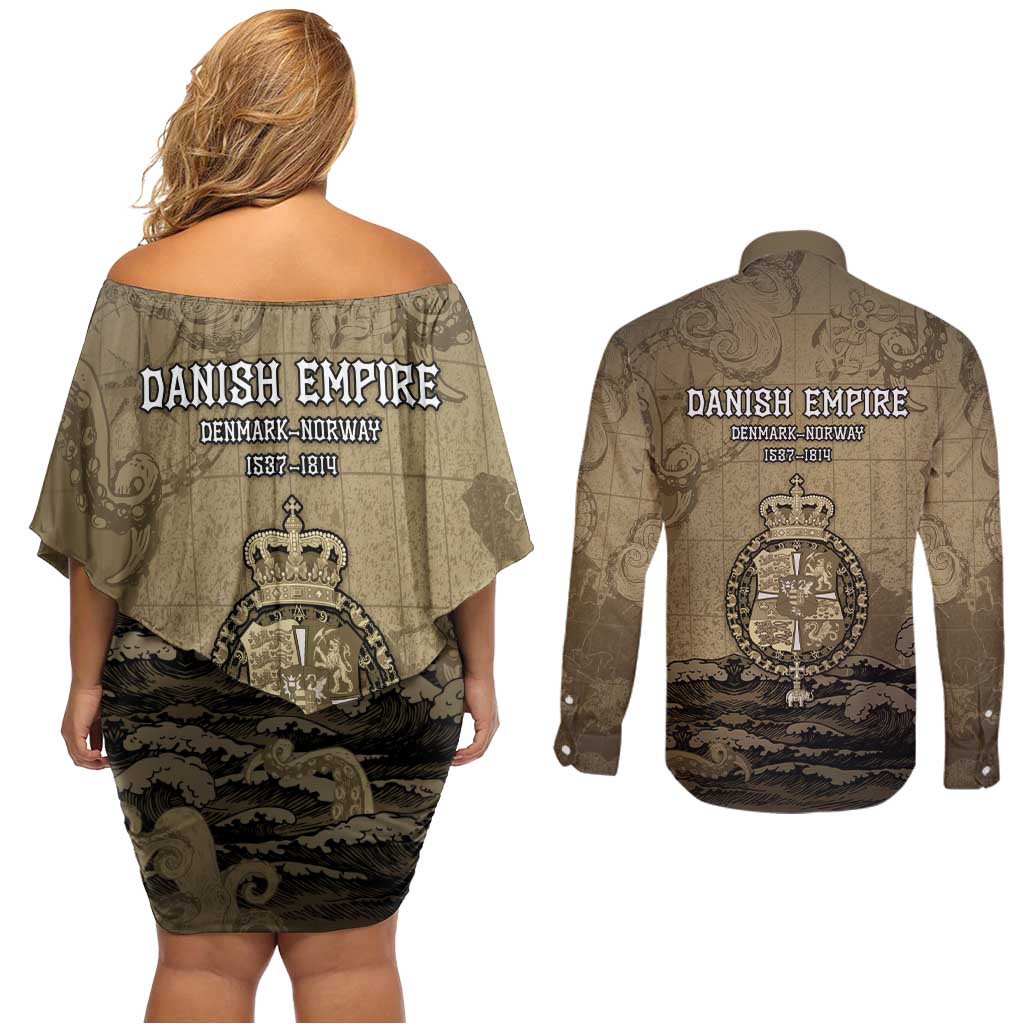 Danish Empire Couples Matching Off Shoulder Short Dress and Long Sleeve Button Shirt Denmark Norway Union And Kraken - Wonder Print Shop