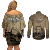 Danish Empire Couples Matching Off Shoulder Short Dress and Long Sleeve Button Shirt Denmark Norway Union And Kraken - Wonder Print Shop