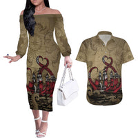 Danish Empire Couples Matching Off The Shoulder Long Sleeve Dress and Hawaiian Shirt Denmark Norway Union And Kraken - Wonder Print Shop
