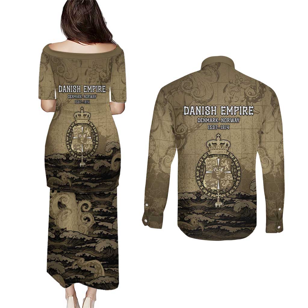 Danish Empire Couples Matching Puletasi and Long Sleeve Button Shirt Denmark Norway Union And Kraken - Wonder Print Shop