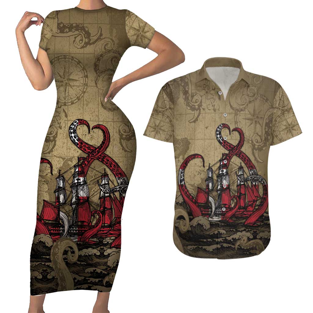 Danish Empire Couples Matching Short Sleeve Bodycon Dress and Hawaiian Shirt Denmark Norway Union And Kraken - Wonder Print Shop