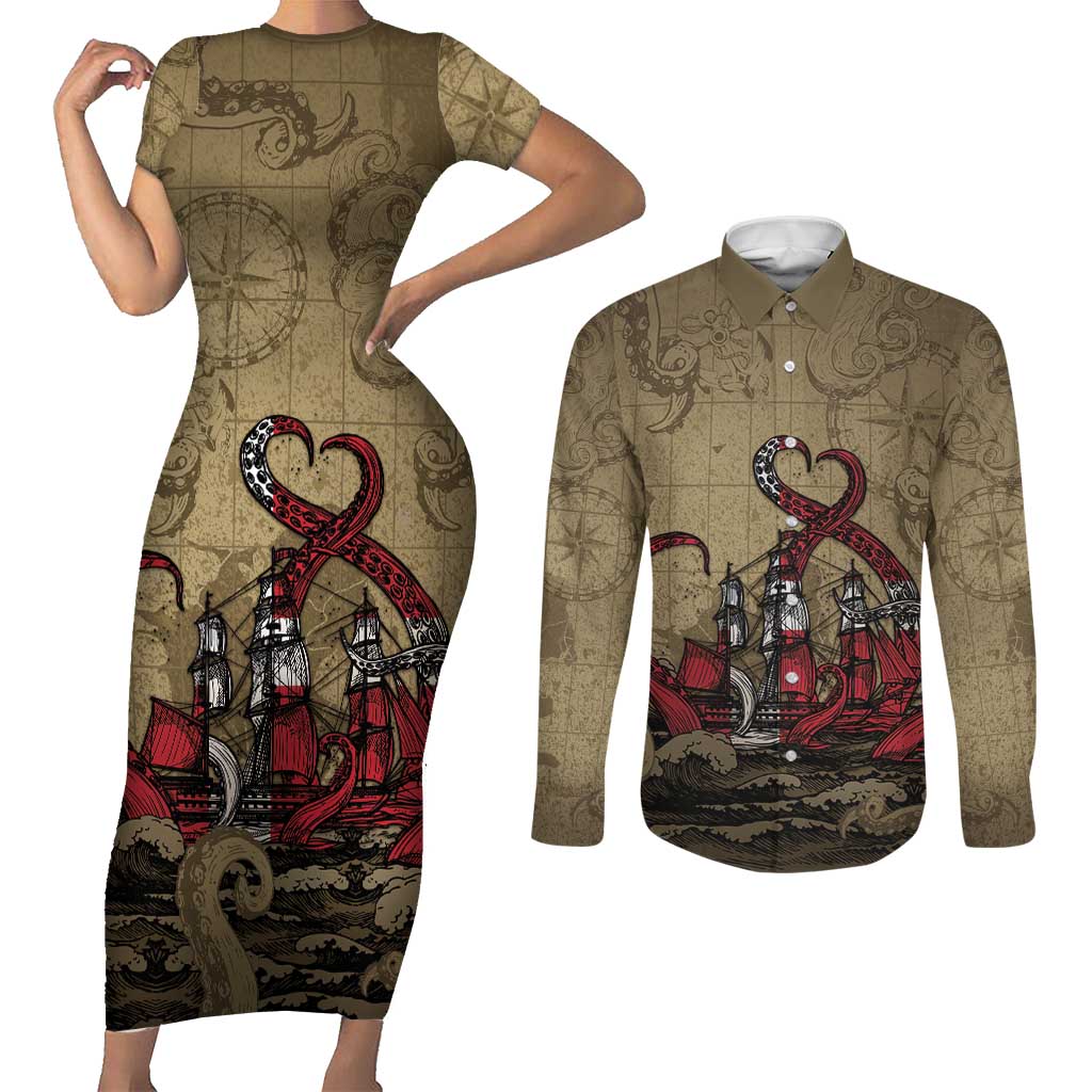 Danish Empire Couples Matching Short Sleeve Bodycon Dress and Long Sleeve Button Shirt Denmark Norway Union And Kraken - Wonder Print Shop