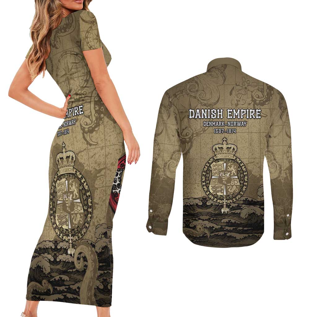 Danish Empire Couples Matching Short Sleeve Bodycon Dress and Long Sleeve Button Shirt Denmark Norway Union And Kraken - Wonder Print Shop