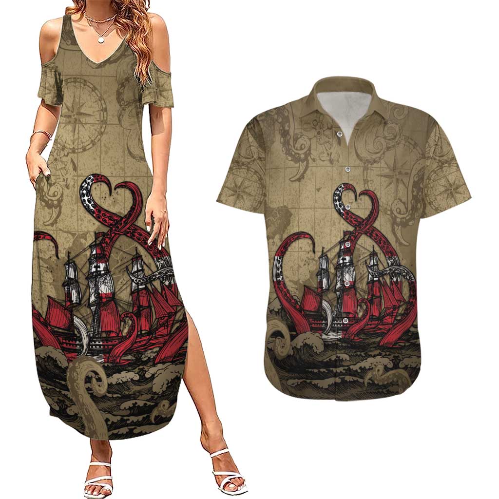 Danish Empire Couples Matching Summer Maxi Dress and Hawaiian Shirt Denmark Norway Union And Kraken - Wonder Print Shop