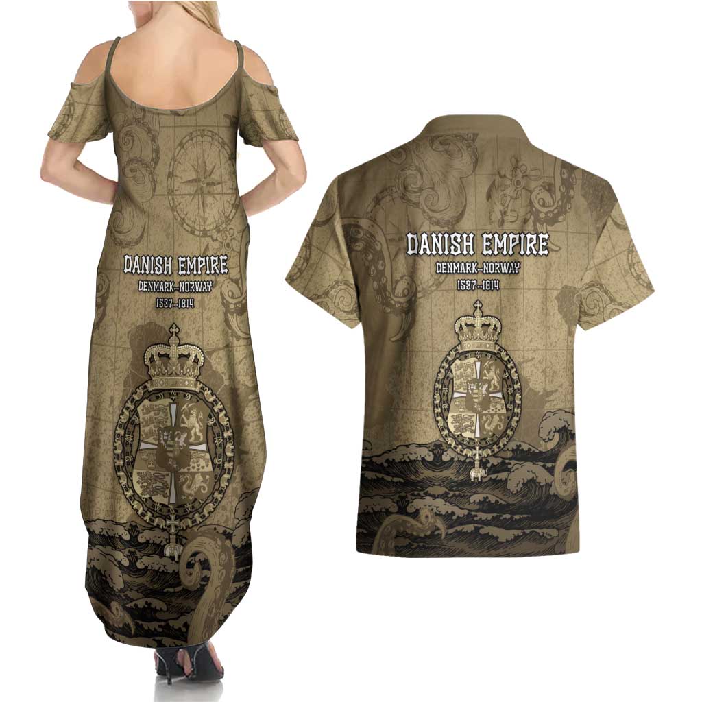 Danish Empire Couples Matching Summer Maxi Dress and Hawaiian Shirt Denmark Norway Union And Kraken - Wonder Print Shop