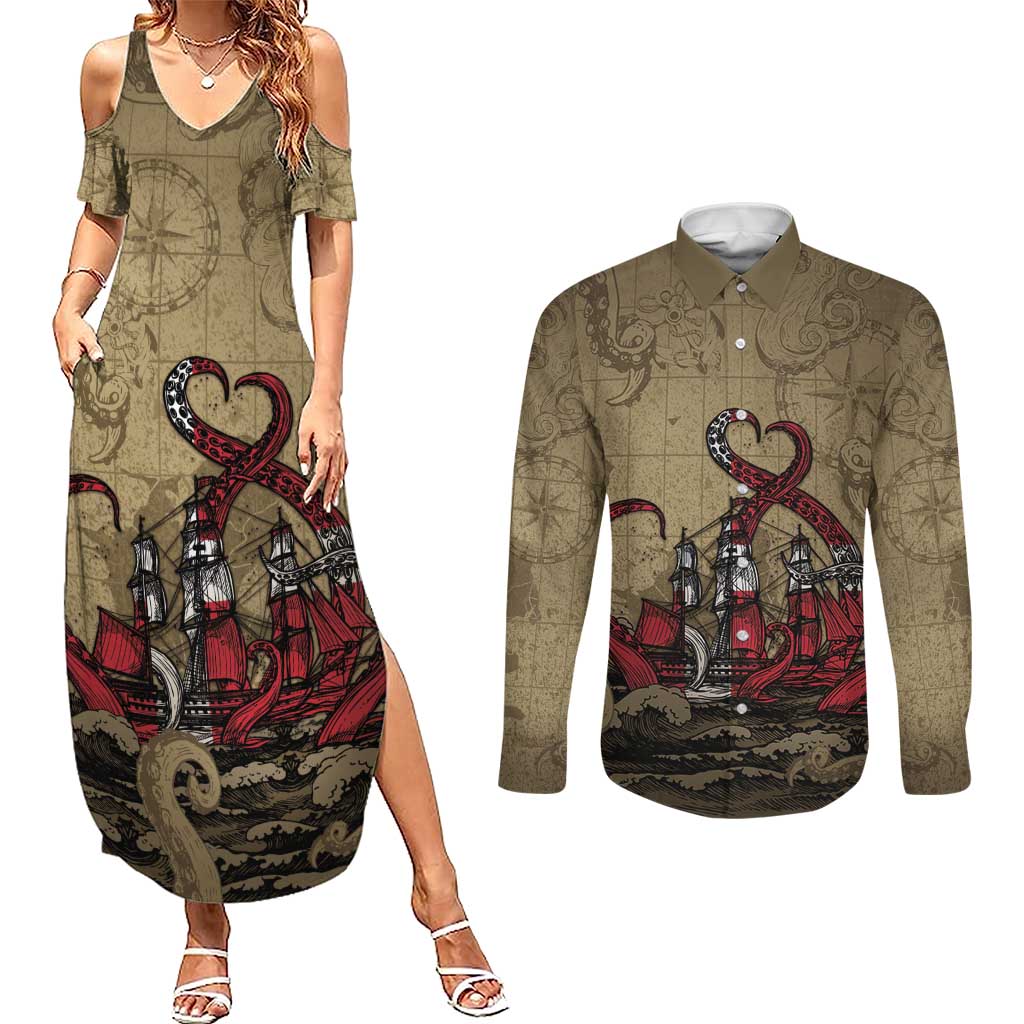 Danish Empire Couples Matching Summer Maxi Dress and Long Sleeve Button Shirt Denmark Norway Union And Kraken - Wonder Print Shop