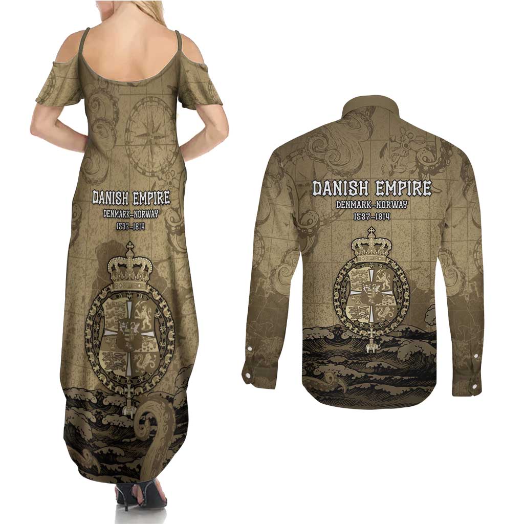 Danish Empire Couples Matching Summer Maxi Dress and Long Sleeve Button Shirt Denmark Norway Union And Kraken - Wonder Print Shop