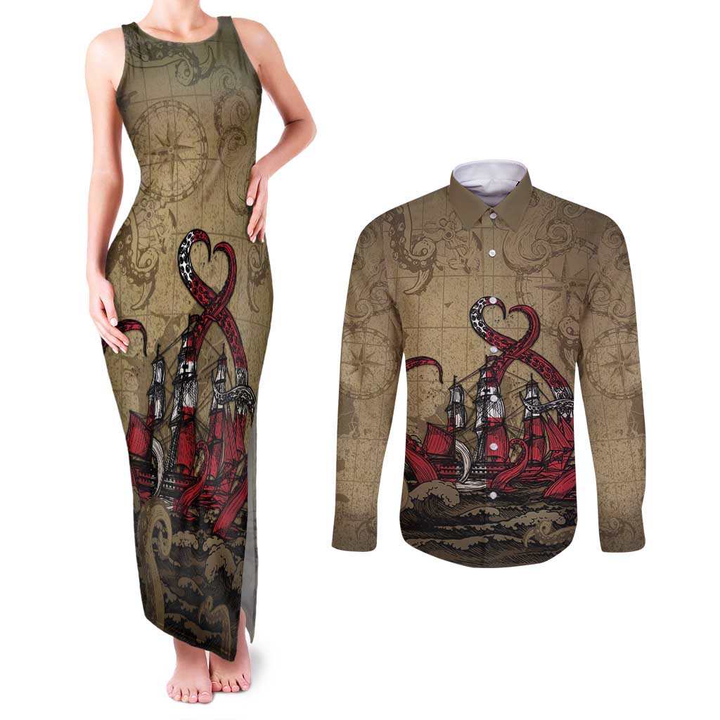 Danish Empire Couples Matching Tank Maxi Dress and Long Sleeve Button Shirt Denmark Norway Union And Kraken - Wonder Print Shop