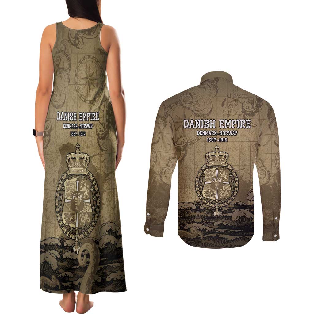 Danish Empire Couples Matching Tank Maxi Dress and Long Sleeve Button Shirt Denmark Norway Union And Kraken - Wonder Print Shop