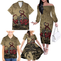 Danish Empire Family Matching Off The Shoulder Long Sleeve Dress and Hawaiian Shirt Denmark Norway Union And Kraken - Wonder Print Shop