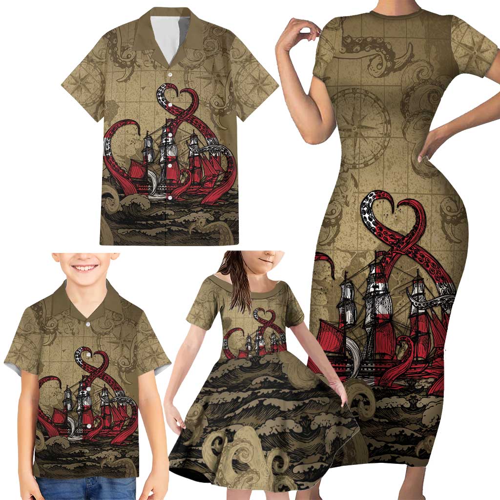 Danish Empire Family Matching Short Sleeve Bodycon Dress and Hawaiian Shirt Denmark Norway Union And Kraken - Wonder Print Shop
